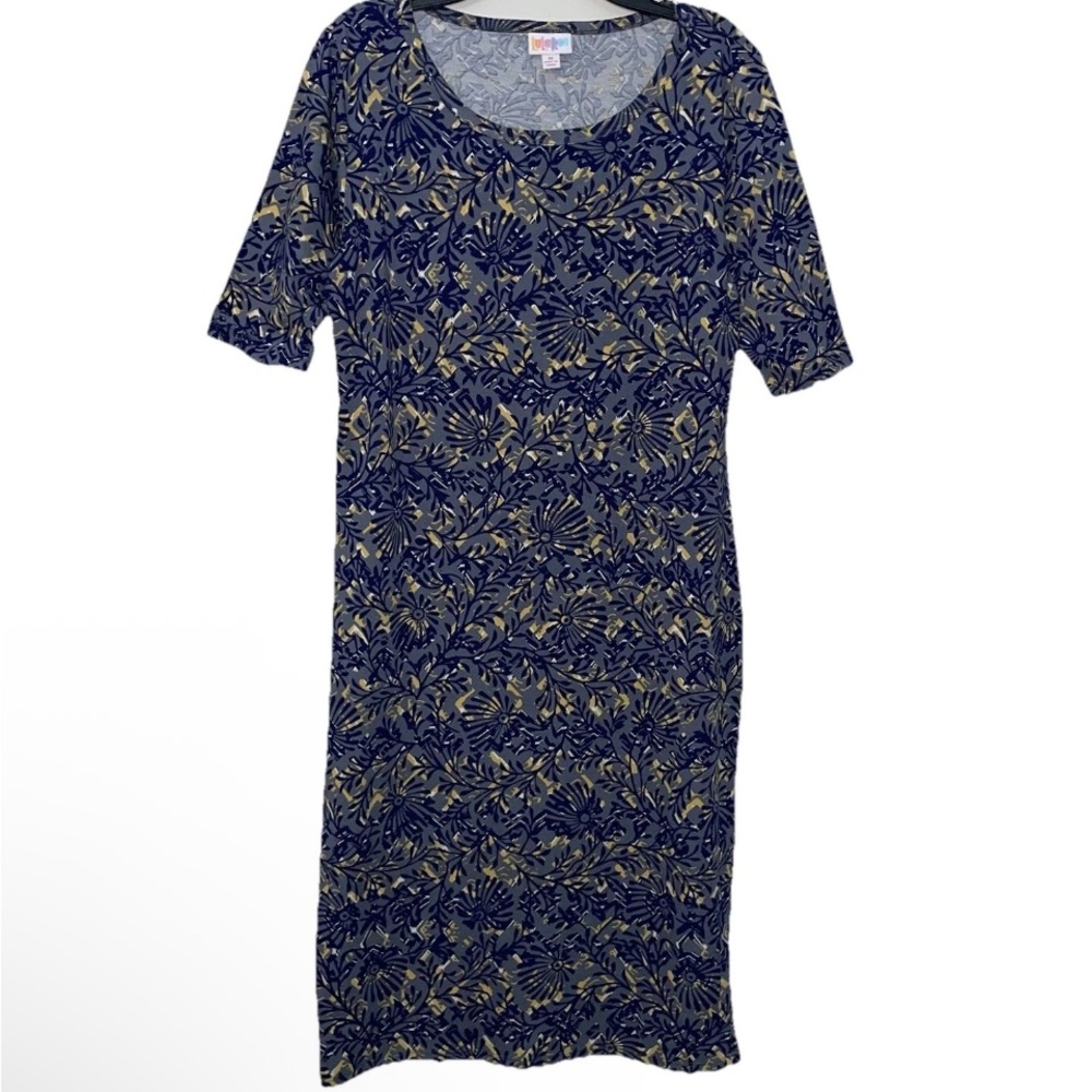 LuLaRoe Julia Dress Medium Blue & Gold Floral